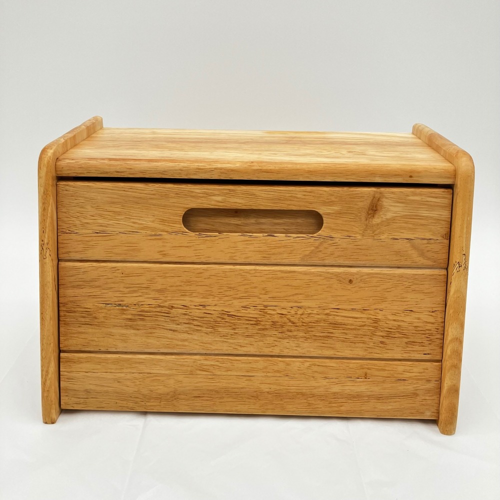 Vintage Wooden Drop Front Bread Box Solid Hardwood Countertop Storage Bin